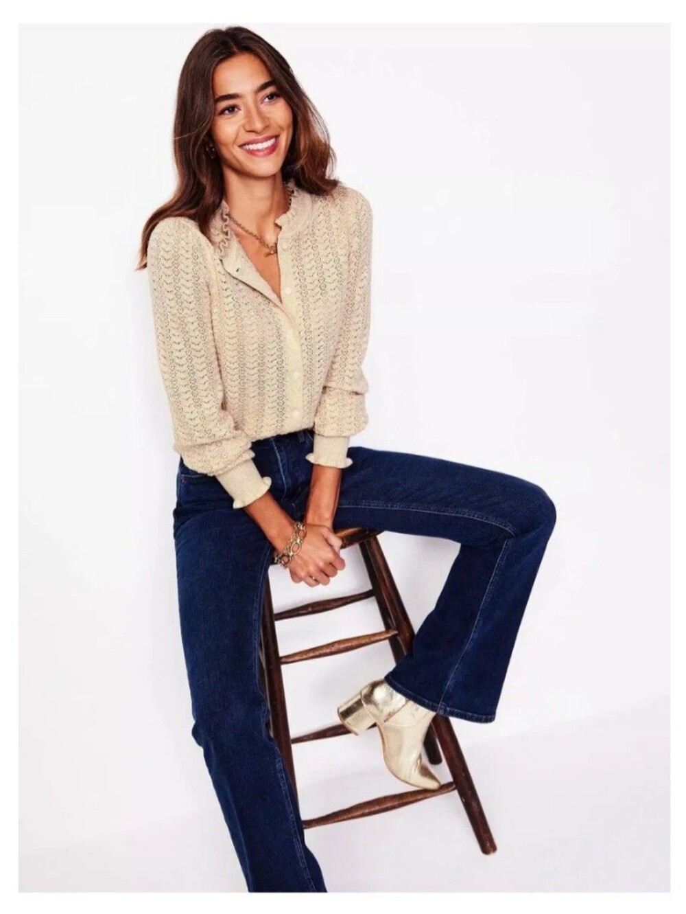Boden Tia Pointelle Frill Cardigan L